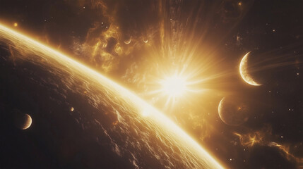 Obraz premium A planet with a sun in the middle and two moons on the right