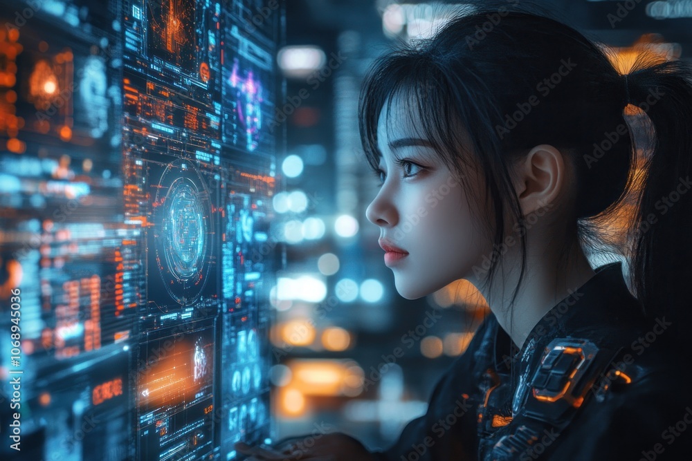 Poster a young woman in a futuristic setting looks intently at a large screen displaying complex data and i
