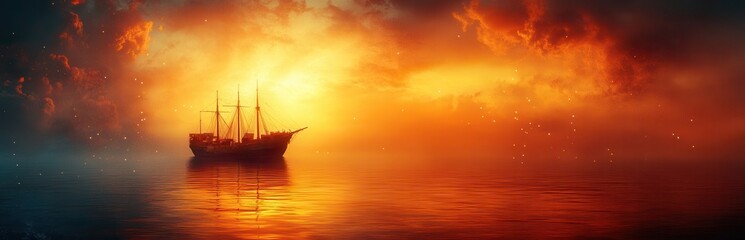 Fototapeta premium Majestic Ship at Sunset Over Calm Waters