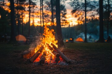 Campfire in the Forest at Sunset with Tents