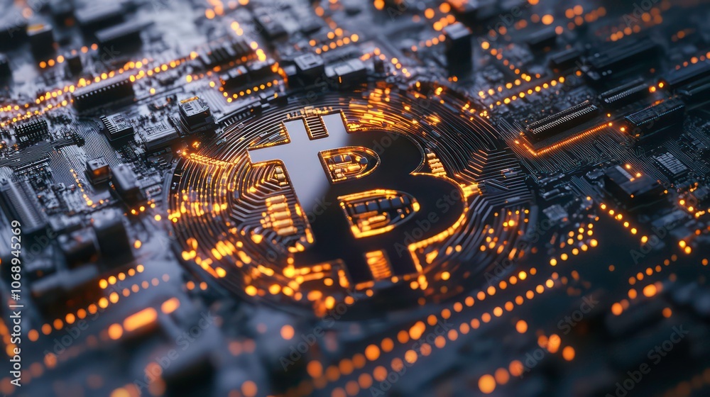 Aufkleber An intricate circuit board with glowing data streams and digital symbols depicts the Bitcoin logo in detail