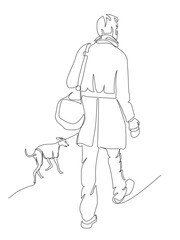 Man walking with middle size dog. Both wear coats in cold season. Back view. Continuous line drawing. Black and white vector in line art style.
