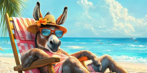 A donkey is enjoying a laid back moment on a beach chair, sporting a sunhat and sunglasses, perfectly capturing the essence of summer vibes in this illustration.