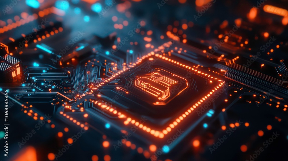 Poster An intricate circuit board with glowing data streams and digital symbols depicts the Bitcoin logo in detail