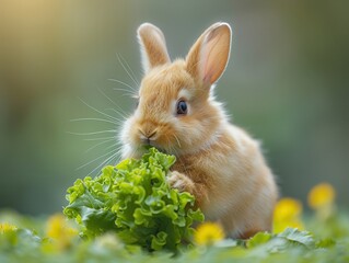 Cute Bunny Enjoying Fresh Green Lettuce in Nature