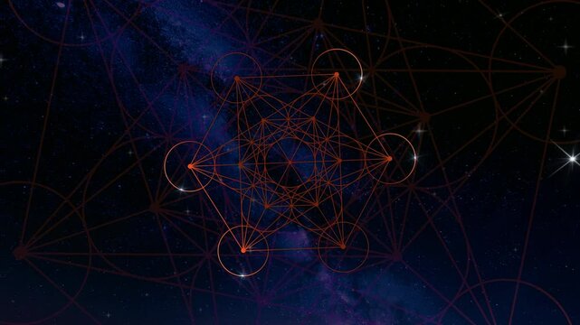 Video animation Metatron's Cube, Flower of Life. Shiny Sacred geometry. Loop footage of Mystic icon platonic solids, geometric drawing, crop circles, special effects starry sky, blue galaxy background