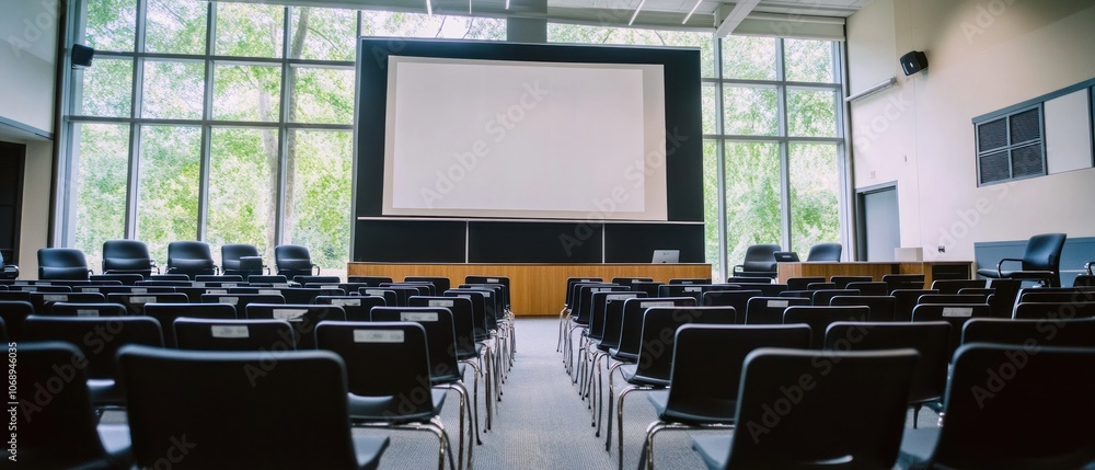 Poster a spacious conference room with rows of chairs facing a large screen and windows.