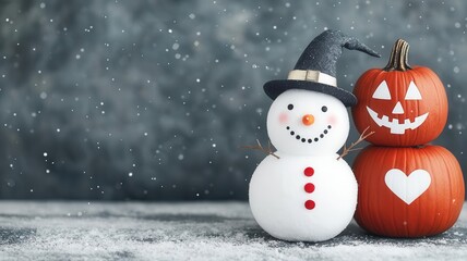 Obraz premium A cheerful snowman with a hat stands beside a carved pumpkin, creating a whimsical winter scene amid falling snow.