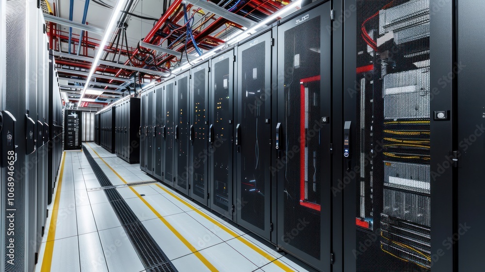Poster modern data center dedicated to ai high performance computing systems and network equipment.