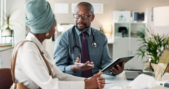 Black people, doctor and patient with tablet for consultation, medical results and feedback update. Hospital office, woman and man cardiologist with digital for discussion, advice and recovery tips