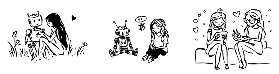 Line art modern of a woman talking to a robot. Emotional intelligence and AI. Line art modern of a robot working among colleagues. Working environments and changes.