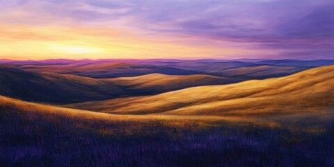 Obraz premium Dusk descends over undulating hills, casting a warm glow on fields of yellow grass, creating a serene and picturesque landscape at sunset.