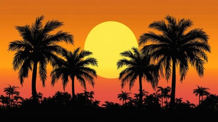 Obraz premium Silhouette of palm trees against a sunset backdrop, ideal for summer-themed designs. This palm tree silhouette creates a perfect summer background with ample space for presentations.