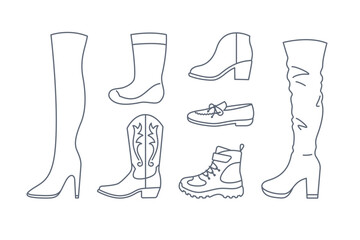 Women shoes. Different types of footwear for lady. High heels, thigh-high, cowboy boots, moccasins, hiking boots, rain boots. Line icons for clothes shop. Side view outline pictograms, editable stroke