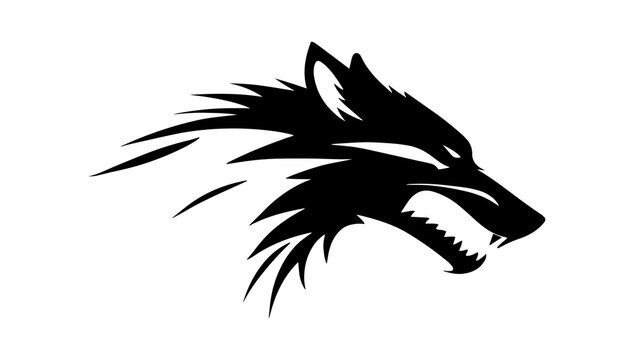 Stylized black wolf head silhouette with fierce features on a gray background