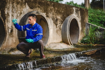 A water resource engineer checks the purity of water in a scientific glass bottle and records it on...