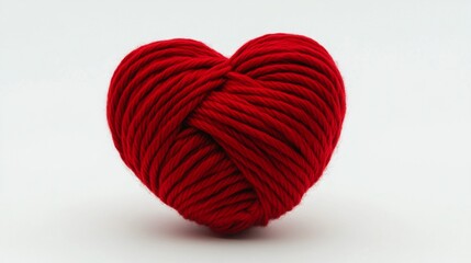 Vibrant red yarn ball shaped into a perfect heart symbol against a clean white background, embodying warmth, love, and craftsmanship in a simple yet powerful image.