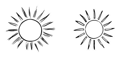 Fototapeta premium Illustration of a sun symbol or weather element in black line art or doodle