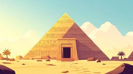 Ancient Egyptian pyramid with hieroglyphs on the walls. Vector flat minimalistic isolated illustration.