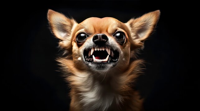 A close-up of a snarling Chihuahua against a dark background.