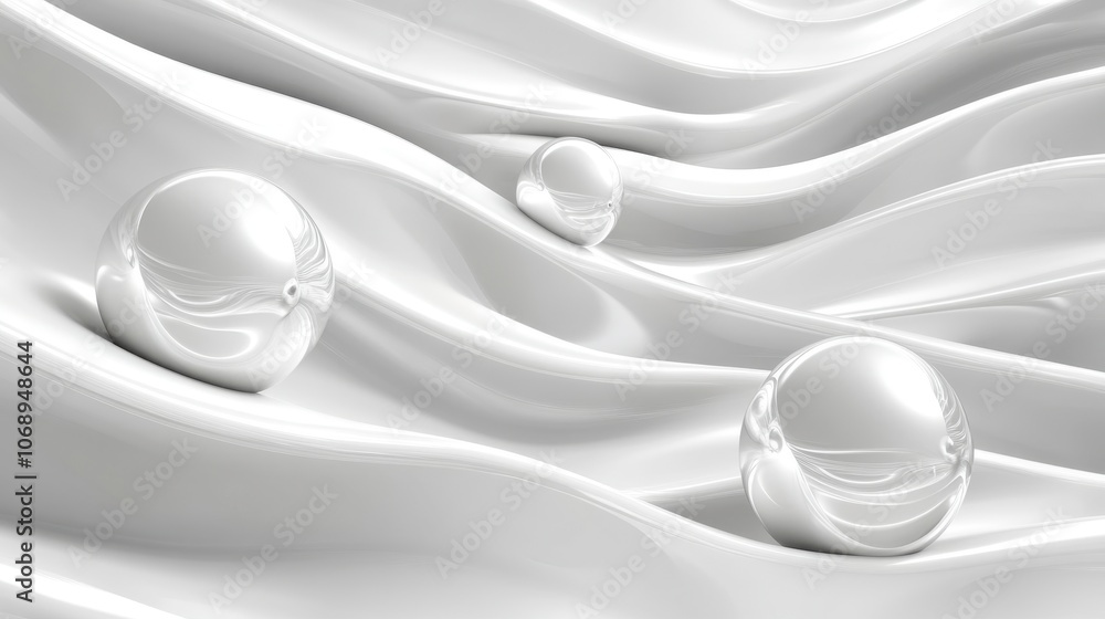 Poster white abstract background with floating spheres and soft shadows, creating a sense of space and dime