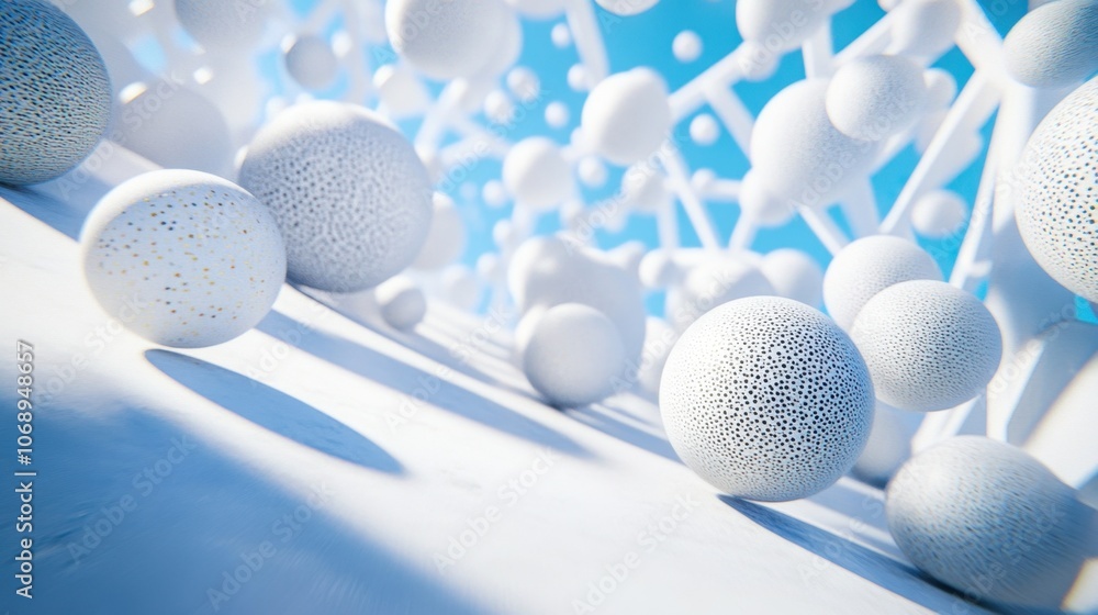 Poster white abstract background with floating spheres and soft shadows, creating a sense of space and dime