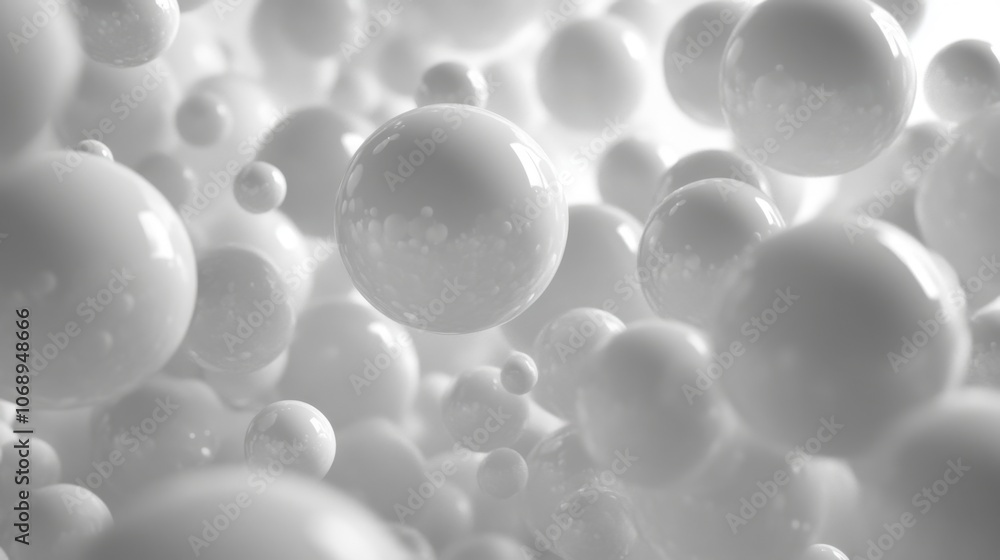 Poster white abstract background with floating spheres and soft shadows, creating a sense of space and dime