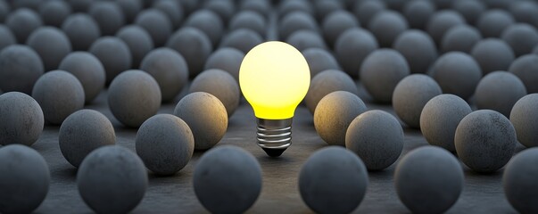 Illuminated light bulb among gray spheres, standout concept