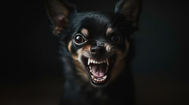 A close-up of an aggressive-looking black Chihuahua with bared teeth.