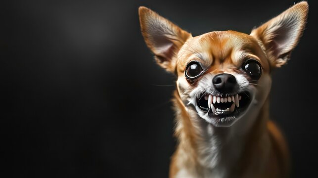 A close-up of a Chihuahua with a fierce expression against a dark background.