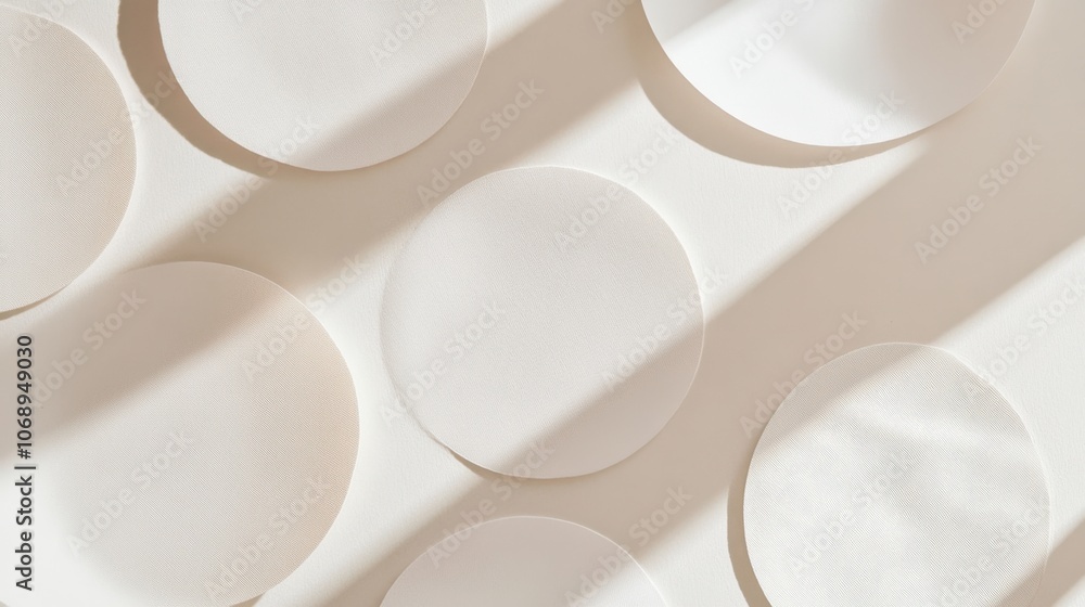 Poster white background with floating circle shapes and soft shadows, creating an abstract, serene design