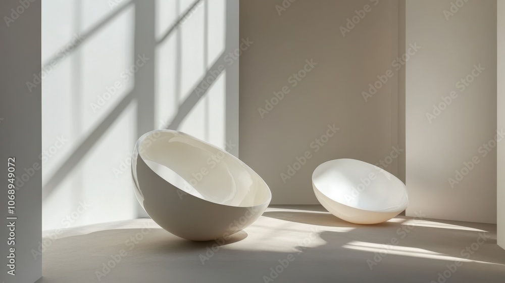 Poster white background with floating circle shapes and soft shadows, creating an abstract, serene design