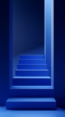 Obraz premium Minimalist blue staircase ascending into a mysterious void, illuminated by soft, ethereal light. Architectural abstraction symbolizing progress and the unknown.