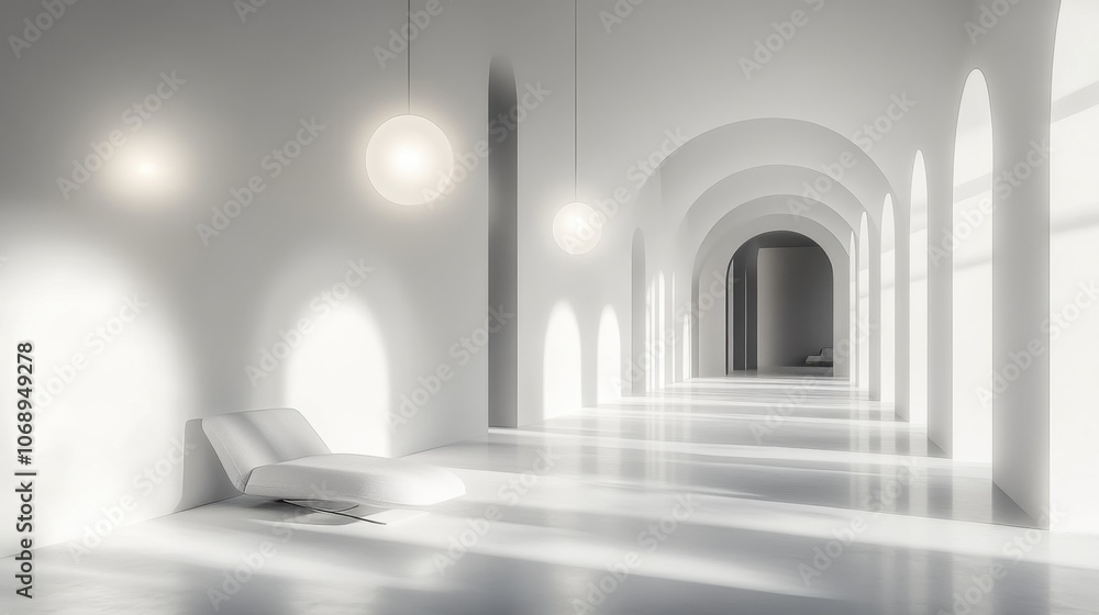 Poster white background with floating circle shapes and soft shadows, creating an abstract, serene design