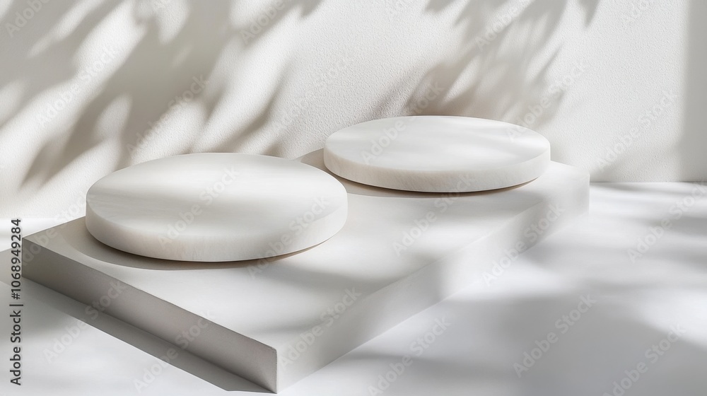 Poster white background with floating circle shapes and soft shadows, creating an abstract, serene design