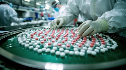 Naklejka premium Workers inspecting pharmaceutical products in a controlled