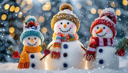 Three adorable snowmen with colorful hats and scarves, standing in falling snow.