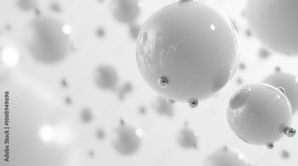 Poster white background with soft, floating spheres and shadows, creating a modern abstract look