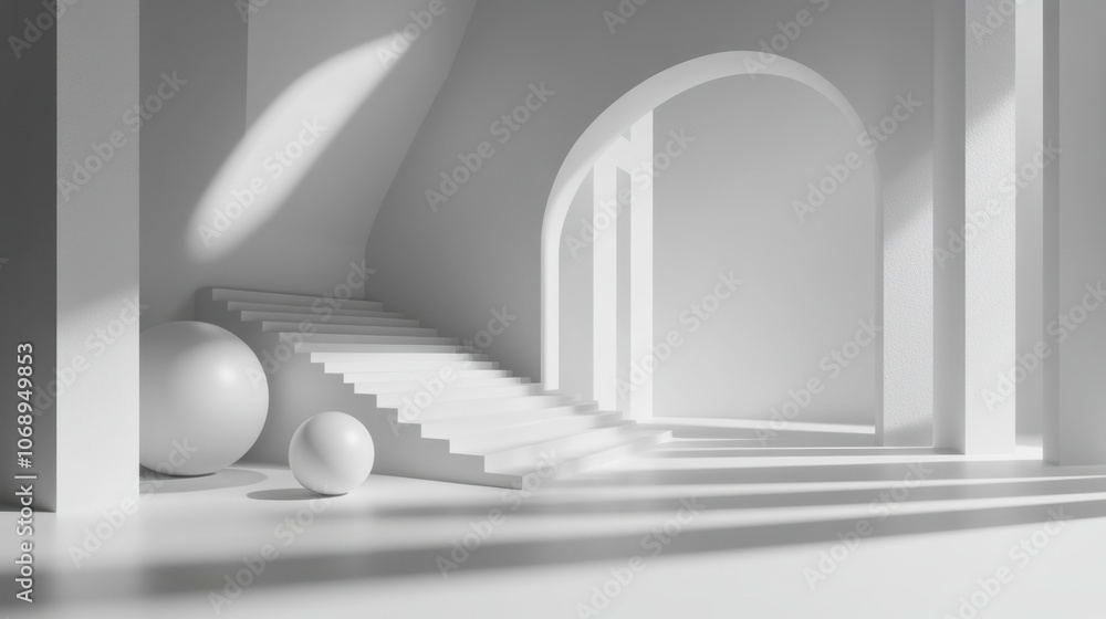 Poster white background with soft, floating spheres and shadows, creating a modern abstract look