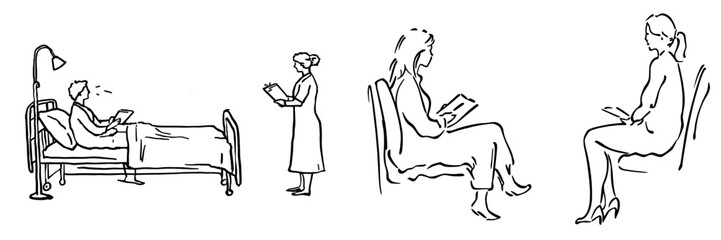 A hand drawn line artwork of a woman in a hospital bed with a nurse in the background.