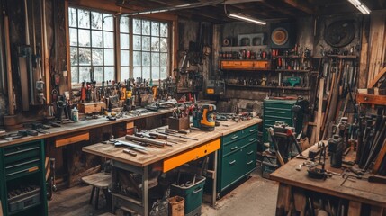 Fototapeta premium Workshop filled with tools, workbenches
