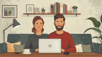 Fototapeta premium A happy couple discussing their finances at home, open laptop with budgeting software, warm and comfortable living room setting, financial planning and collaboration