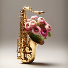 A golden saxophone with pink ranunculus flowers in the bell, creating an elegant and artistic display.
