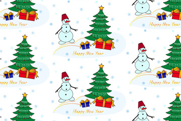 New Year pattern snowman with Christmas tree and gifts blue snowflakes on a white background, vector drawing
