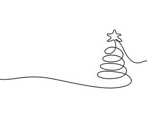 Black Continuous Line Christmas Tree. New Year greeting card