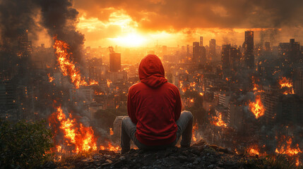Man in hoodie gazing over a dystopian, apocalyptic urban landscape ravaged by a terrible war over dwindling natural resources sparked by climate change in a dystopic world on the brink of collapse