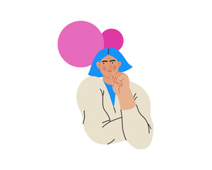 Thinking people, modern flat vector concept illustration- woman standing thoughtfully, looking sideways, bubble near head Metaphor for reflection, analysis, introspection, contemplation, deep thought