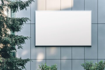 Blank billboard mockup on a building wall with green trees. Ideal for showcasing advertisements, branding, and signage.