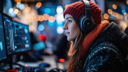Focused female programmer working on software development project using computer in office at night