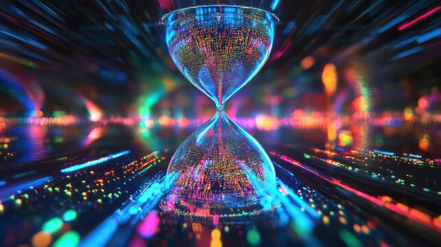 As if suspended in cyberspace, a neon hourglass is filled with grains of data flowing between dimensions without end